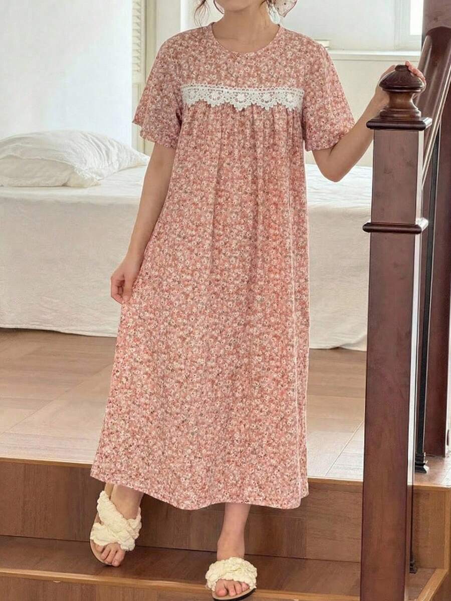 SHEIN 少女小碎花休閒睡裙居家服 青少年睡衣連身裙 蕾絲細節睡裙 - 杏色 - 查看 1