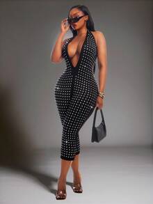 SHEIN SXY Plus Size Women's Rhinestone Halter Neck Sexy Casual Jumpsuit - Black - View 4