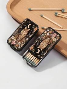 1PC Square Retro Bohemian Style Handmade Distressed Metal Tin Storage Box With Cat Moon Flower Pattern Holds 30 Matches Matches Not Included Windproof Moistureproof For Bedroom Desk Decor Gift Collectors Friends Elders Holiday - Multicolor - View 2