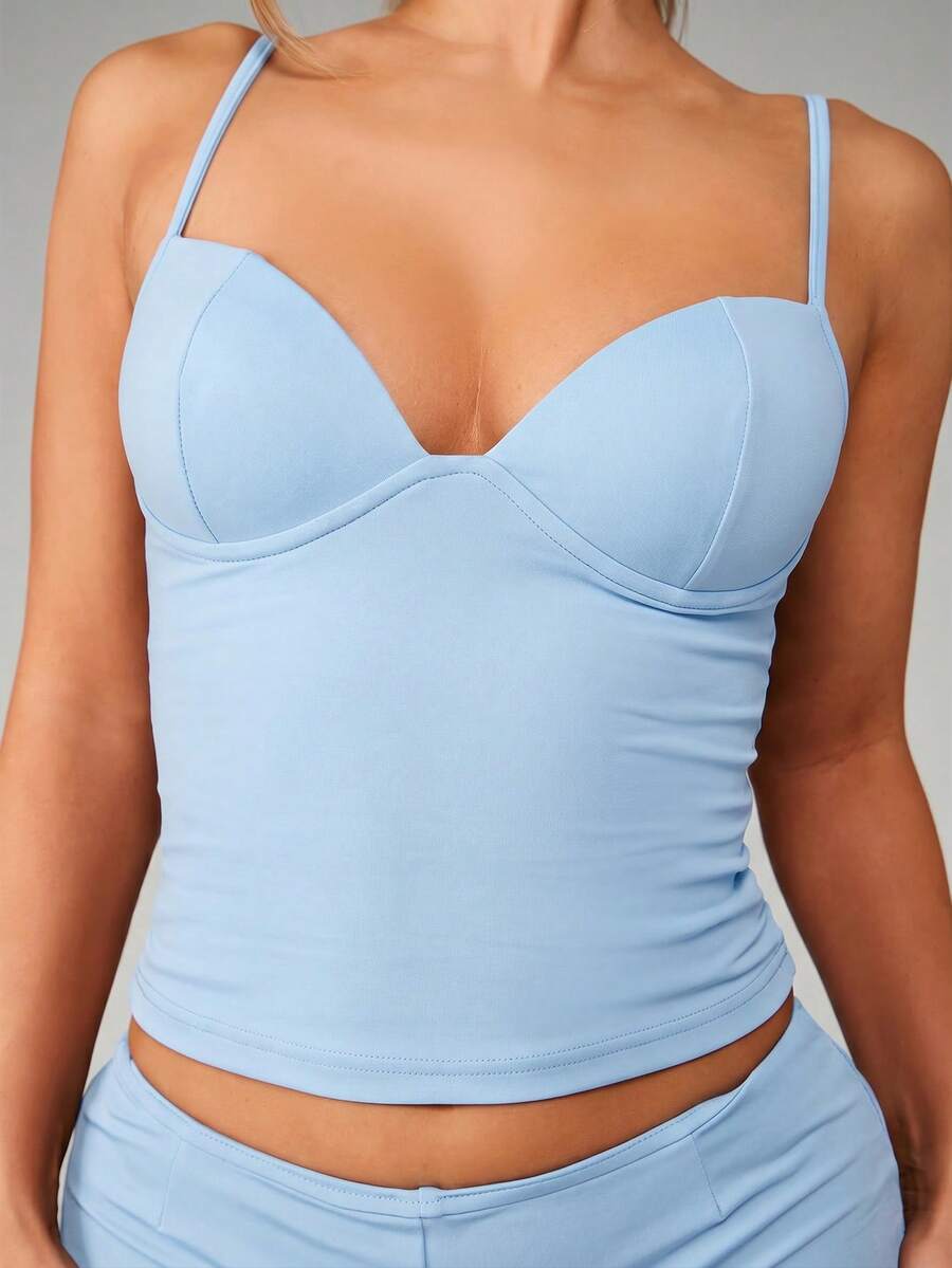 MISSGUIDED Atasan Cami Crop Korset Bustier Panjang dengan Garis Leher Bentuk Hati dan Tali Bahu Tipis yang Dapat Diatur untuk Musim Panas - Baby Blue - View 1