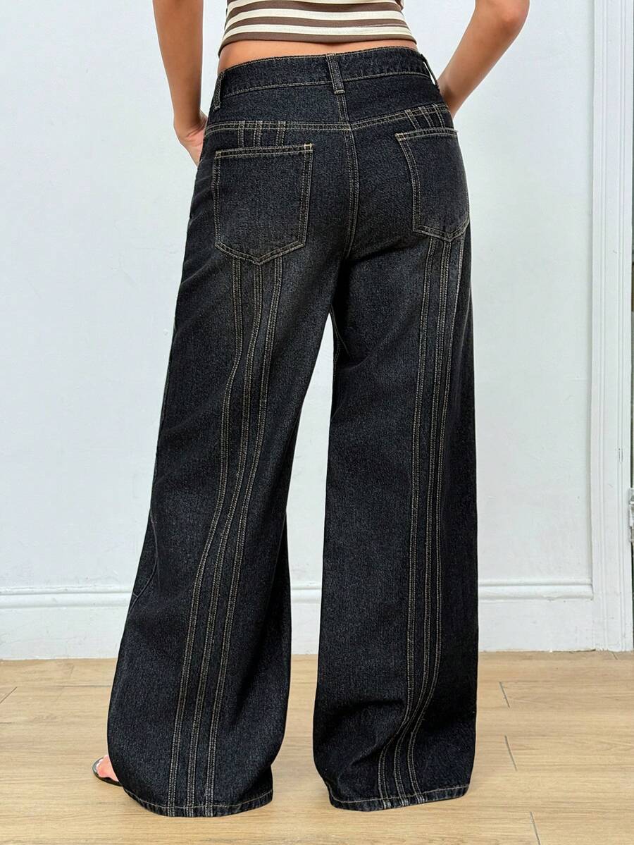 SHEIN Women's Charcoal Vintage Y2k Contrast Stitching Patchwork Straight Leg Jeans, Suitable For Commuting Going Out, Dating, Summer/Winter Outfits - Black - View 1