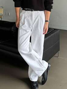 DAZY Quần jeans nam ống đứng mềm màu trắng trơn giặt wash phong cách đường phố cho mùa xuân/thu - trắng - Xem 5