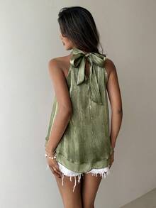 Aloruh Women's Elegant Shiny Pink Backless Top - Olive Green - View 2