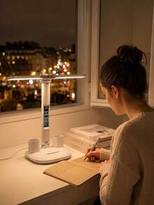 Teckwe Dual‑Head LED Desk Lamp With Pen Holder Digital Clock Temperature Display Foldable Rechargeable Study Reading Table Lamp Home Office Dorm Decor - multicolor - View 3