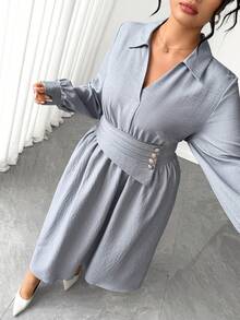 Elenzga Plus Size Early Autumn/Winter Light Gray Faux Linen Design Pearl Button A-Line Long Sleeve Puff Sleeve Elegant Commute Slimming Date Dress For Women - Grey - View 6