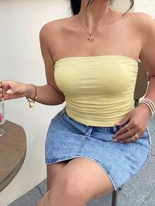 GalTyme Top bandeau de color amarillo pálido con volantes para mujer de talla grande - amarillo ganso - Ver 5