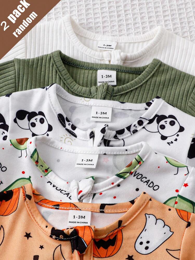 [2pcs Random Selection]Newborn Long Sleeve Footed Romper Knit Comfortable Soft Traceable Cotton Cute Ribbed Ribbed Pumpkin Avocado Panda Print Pattern Loungewear, Best Gift For Newborns, Home Wear, Versatile Fashion, Best Choice - Multicolor - View 3