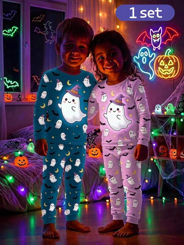 2pcs Halloween Boys Pajama Set, Cute Ghost Moon Bat Print, Deep Blue Soft Comfortable Tight High Elastic Fabric Long Sleeve Long Pants Snug Fit
