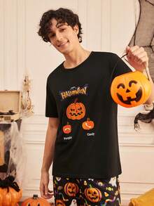 Provexi Provexi Halloween Pumpkin Print Short Sleeve Loungewear Top - Black - View 6