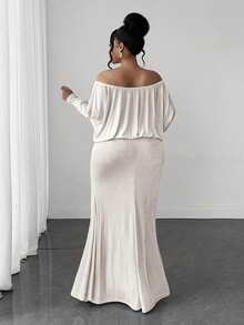 Maweii Vestido largo de punto elegante y casual para mujer de talla grande, versátil y único, con hombros descubiertos, mangas de murciélago y cintura ceñida, adecuado para verano, vuelta al colegio, graduación, Día de San Valentín, festival de música, Día de la Madre, Halloween, Acción de Gracias, Pascua, Día Nacional, baile de graduación, cita, fiesta, salida, etc. - Albaricoque - Ver 2