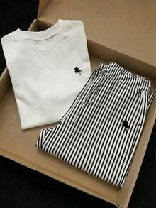 SHEIN EZwear 两件套休闲百搭日常穿搭小马图案印花圆领短袖上衣和条纹印花长裤套装 - 黑與白 - 查看 3
