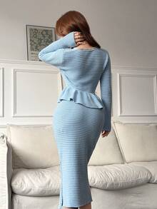Feyla Women's Ruffle Knit Sweater & Skirt 2 Pieces Set - Blue - View 2