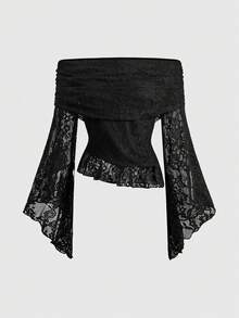 ROMWE Setelan 2 Potong Gaya Gothic Gelap: Atasan Renda Lengan Lonceng Tanpa Bahu & Rok Duyung Ketat - Hitam - View 8