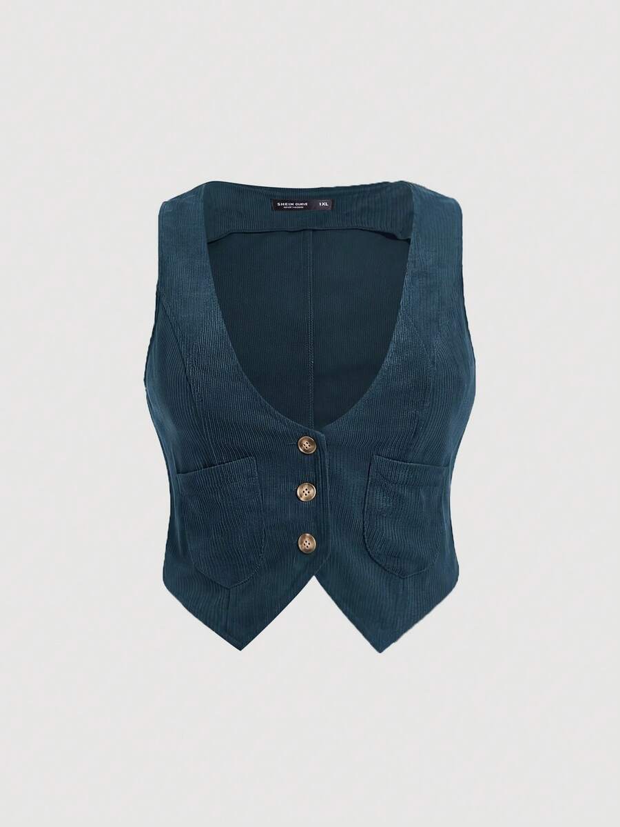 SHEIN MOD 大尺碼女款純色單排扣休閒口袋背心外套 - 寶藍色 - 查看 1