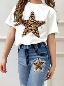 SHEIN Leap Crew Tween Girl Casual Minimalist Retro Leopard Print Faux Denim Five-Point Star Pattern Loose Round Neck Short Sleeve T-Shirt Flare Long Pants Two Pieces Set Suitable For Autumn, Autumn Outfits, Easy Comfort, Autumn Layers For Baby&Girls, Stylish Kids, Casual Wear, Kids Graphic Clothes, Fall Clothes, Chic Autumn, Fall New Style - Multicolor - View 3