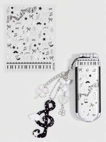 ROMWE Anime 1Set Y2K Star Musical Note Decor Mini Comb Mirror Set, Cute Folding Airbag Hair Brush, Back‑To‑School Portable DIY Hair Comb Kit - Grey black 1 - View 4