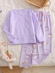 SHEIN 幼女 2件組加厚絨毛睡衣套裝，紫色兔子刺繡長袖上衣與卡通印花長褲，保暖秋冬睡衣 - 淡紫色 - 查看 2