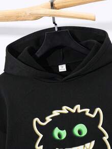 SHEIN 青少年男孩休閒極簡卡通圖案落肩衛衣，冬季圖案返校款 - 黑色 - 查看 3