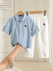 SHEIN 小男孩學院風 Logo 領長袖襯衫/長褲套裝 - 彩色 - 查看 3