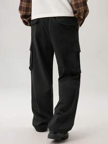 Men's Casual Solid Color Multi-Pocket Drawstring Waist Cargo Pants, For Fall Wide Leg - Black - View 2