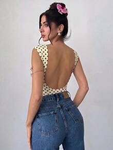 Firerie 女款優雅浪漫時尚通勤性感波點印花露背連身衣，適合派對、度假、約會、婚禮與生日 - 淡黃色 - 查看 8