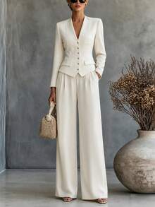 SHEIN Autumn/Winter Elegant Business Commute Women's Suit Set, Elegant Blazer And Trousers 2 Pieces Set - White - View 4