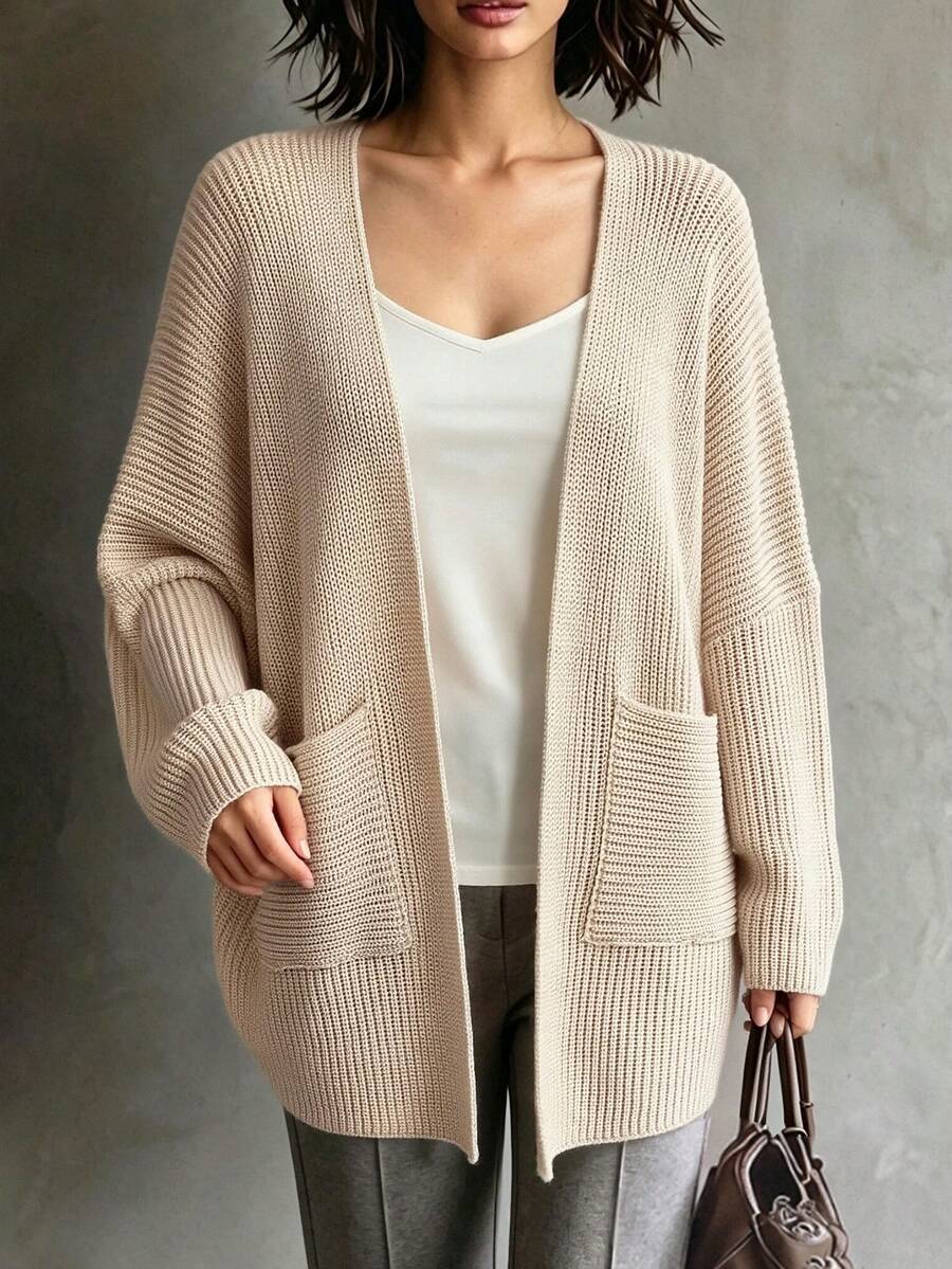 SHEIN Women's Solid Color Long Sleeve Loose Open Front Knit Cardigan - Apricot - View 1