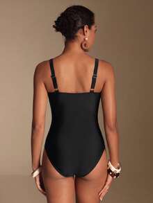Swim Chiccia Traje de baño de una pieza de estilo simple de unicolor para mujer de playa de verano para vacaciones - Negro - Ver 5
