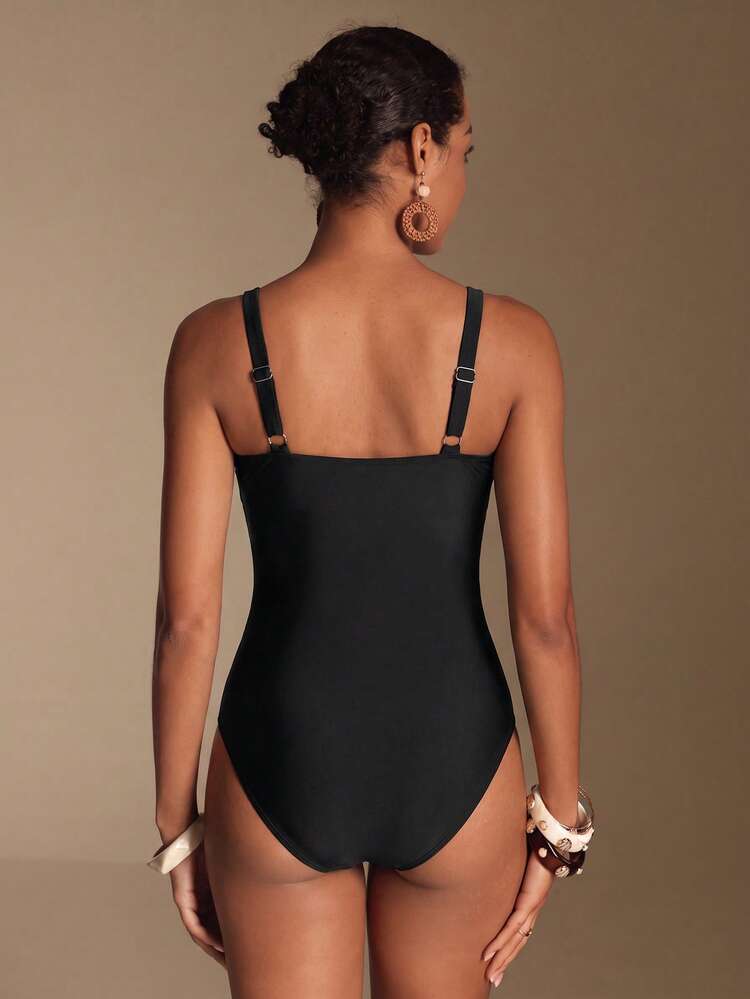 Swim Chiccia 夏季海灘女士純色簡約風格一件式泳衣，適用於度假 - 黑色 - 查看 4