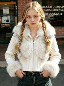 Autumn/Winter Girls' Stylish Fur Patchwork Jacket, Big Tween Girl' Gentle Ribbed Waist-Cinched Short Jacket, Large Raccoon Fur Zipper Top, Tween GirlsSnug Fit Thickened Fleece Cuff Versatile Sweet Winter Top - White - View 1
