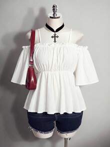 SHEIN ICON Top Babydoll de Talla Grande unicolor con Hombros Descubiertos y Tirantes de Espagueti - Blanco - Ver 9