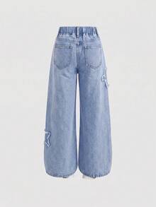 Girlism Kids Tween Girl Frayed Hem Star Loose Wide Leg Jeans - Light Wash - View 3