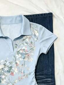 IslaSuriya 女款 POLO 領修身 T 恤，休閒極簡優雅風，適合日常休閒穿著，短袖上衣，夏季新款時尚上衣，花卉圖案 T 恤上衣 - 彩色 - 查看 3