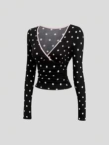 Sweetra Women's New Spring Summer Autumn Winter Black Polka Dot Fabric Colorblock Patchwork Design Bow Decor Cute 2 Pieces Set Suitable For Outings Shopping Dining - Black and White - View 8