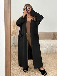 SHEIN CURVE+ Plus Size Women's Solid Color Casual Versatile Long Sleeve Jacket For Daily Wear Fall - Black - View 7