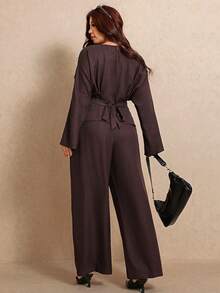 Elaquor Plus Size Women Solid Color V-Neck Long Sleeve Top And Pants Casual Everyday 2-Piece Set Fall/Winter Elegant Office Work Brown 2 Pieces Set For Women - Coffee Brown - View 3