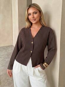 Auralis Brown Button-Down Long Sleeve Metal Button Decor Plus Size Fall Shirt/All-Season Striped Vintage Casual Smart Top Elegant Office Working Blouse Women - Brown - View 7