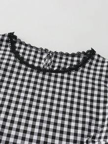 SHEIN Franclia 2026新款女士法式蕾丝边格纹短袖衬衫，优雅别致青春上衣 - 黑色 - 查看 6
