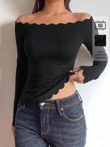 SHEIN BASICS 女款優雅性感純色露肩修身長袖T恤 黑色 秋冬網球風 外出夜生活穿搭 - 黑色 - 查看 10