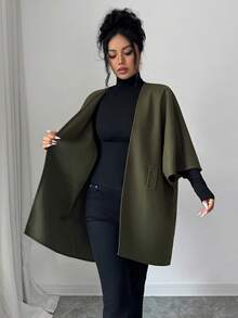 Elenzga Olive Green Batwing Sleeve Faux Pocket Decor Cardigan Overcoat Jacket Office Fall Casual - Green - View 7