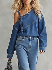 Balvessa Women's Asymmetric Collar Denim Top - Blue - View 3
