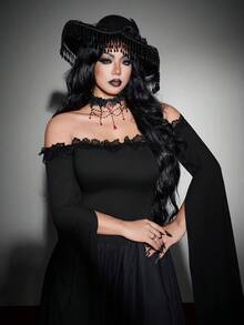 Whyspr Elegant Off Shoulder Gradient Lace Trim Patchwork Plus Size Dress, Dark Style Halloween Outfit, Elegant Gradient Color Dress Halloween Goth Fall - Black - View 3