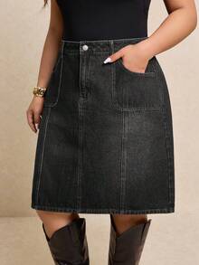 Elaquor Plus Size Fashion Versatile Button Pocket Denim Skirt Teacher For Women - Black - View 6