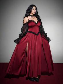 Whyspr Plus-Size Women's Lace Net Deep V-Neck Halloween Goth Dress Fall - Burgundy - View 4