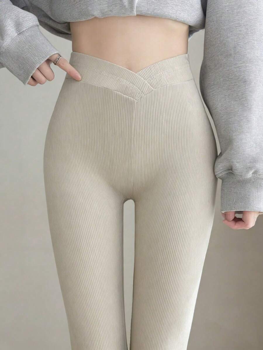 SHEIN LUNE 女士纯色高腰休闲打底裤 - 杏色 - 查看 1
