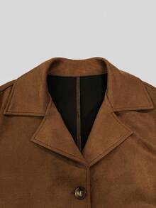 SHEIN Autumn/Winter Shades Of Brown Matte Suede Texture Notch Lapel Single-Breasted Loose Long Sleeve Casual Jacket, Minimalist Commuter Style Daily Wear - Coffee Brown - View 7