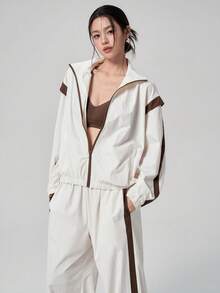 DAZY Spring/Autumn Korean Style Stand Collar Long Sleeve Color Block Striped Patchwork Motorcycle Jacket Straight Leg Pants Outdoor Casual Streetwear Women's Sports Set - Beige - View 6