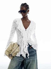 LYSMO Women's Lace Ruffle Fashion Versatile Blouse - Beige - View 5