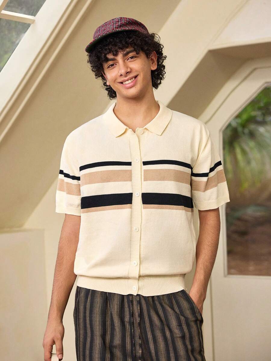Whitmere Men's Slim Fit Short Sleeve Knit Cardigan, Casual Versatile Sweater For Commuting, Running, Fitness, Summer - Apricot - View 1