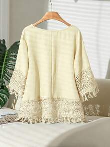 CosyJoli Plus Size Women Floral Print Contrast Lace Front Tie Casual Shirt,Slightly Sheer,Going Out Tops Spring To Summer Fall - Apricot - View 5